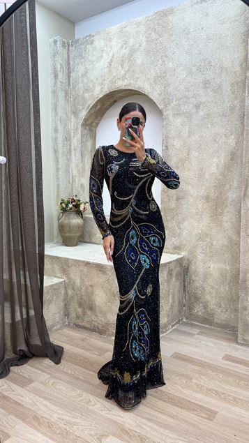 Black V-Neck Back Detail Special Embroidered Design Evening Dress