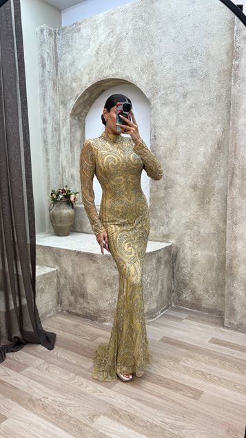 Yellow Special Embroidered Design Evening Dress