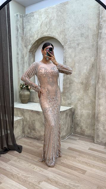 Powder Shoulder Tassel Detail Special Embroidered Design Evening Dress