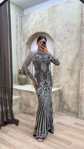 Black Shoulder Tassel Detail Special Embroidered Design Evening Dress