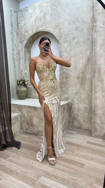 Yellow Rope Strap Chest Detail Special Embroidered Design Evening Dress