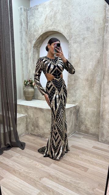 Yellow Waist Detail Special Embroidered Design Evening Dress