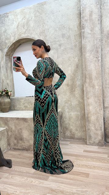Emerald Waist Detail Special Embroidered Design Evening Dress