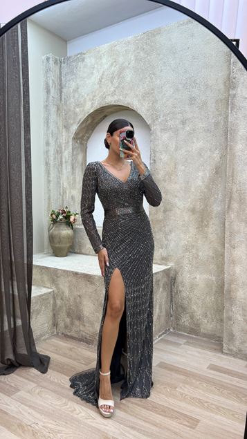 antracite V-scollo in vita dettaglio spacco speciale ricamato design abito da sera