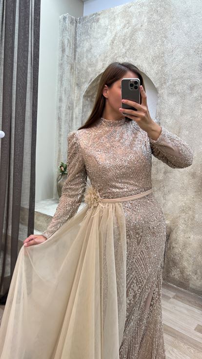 Bej Beli Tül Detay İşlemeli Büyük Beden Abiye Elbise