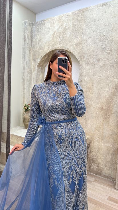 Indigo Waist Feather Detail Embroidered Design Evening Dress