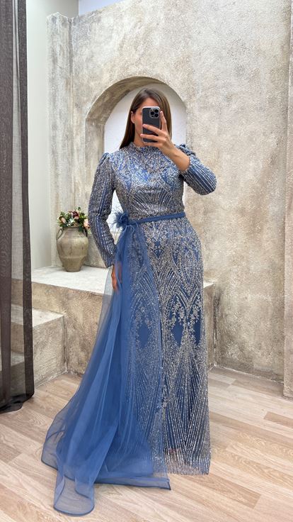 Indigo Waist Feather Detail Embroidered Design Evening Dress