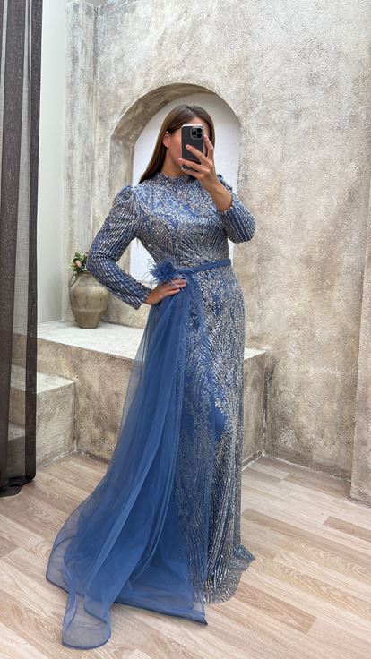 Indigo Waist Feather Detail Embroidered Design Evening Dress
