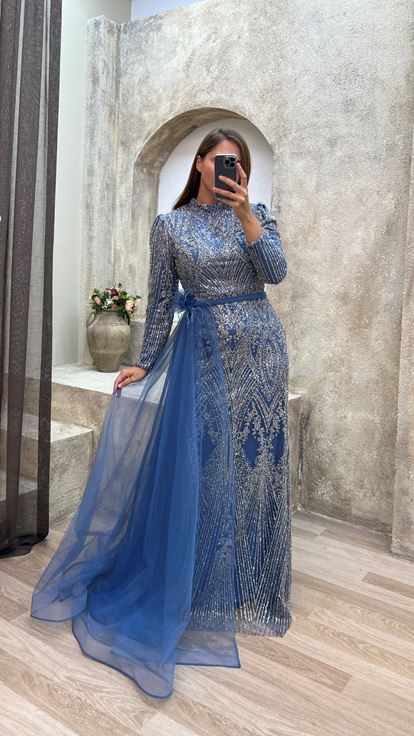 Indigo Waist Feather Detail Embroidered Design Evening Dress