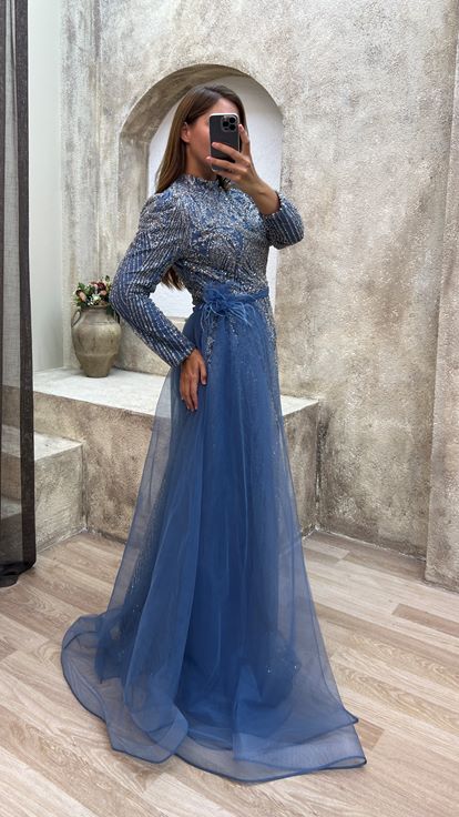 Indigo Waist Feather Detail Embroidered Design Evening Dress