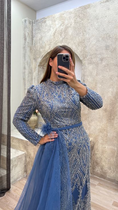 Indigo Waist Feather Detail Embroidered Design Evening Dress