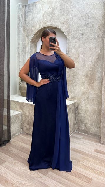 Detalle De Cintura Azul Marino Bordado Cintura Y Hombro Vestido De Noche De Talla Grande