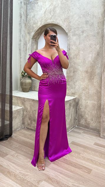 Fuchsia Shoulder Rope Detailed Waist Embroidered Plus Size Evening Dress