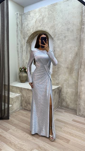 White Waist Detail Stone Embroidered Design Evening Dress