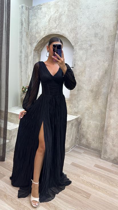 nero palloncino manica trasparente dettaglio Burümcük tessuto design abito da sera