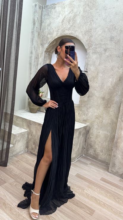 nero palloncino manica trasparente dettaglio Burümcük tessuto design abito da sera