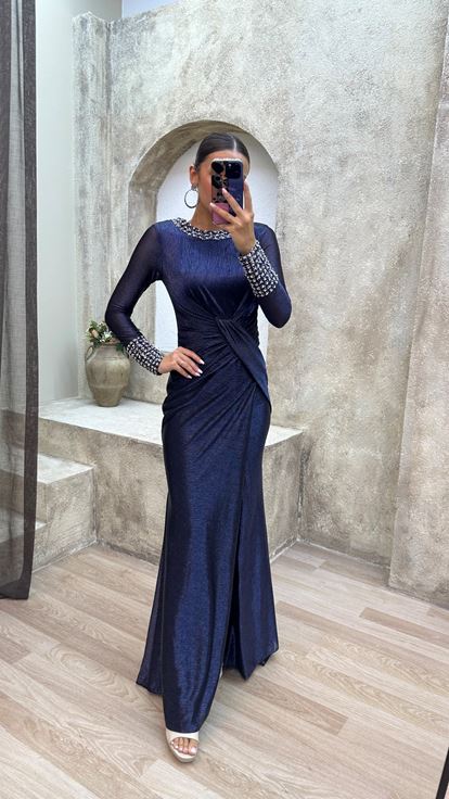 Lacivert Bel Detay Taş İşlemeli Büyük Beden Abiye Elbise