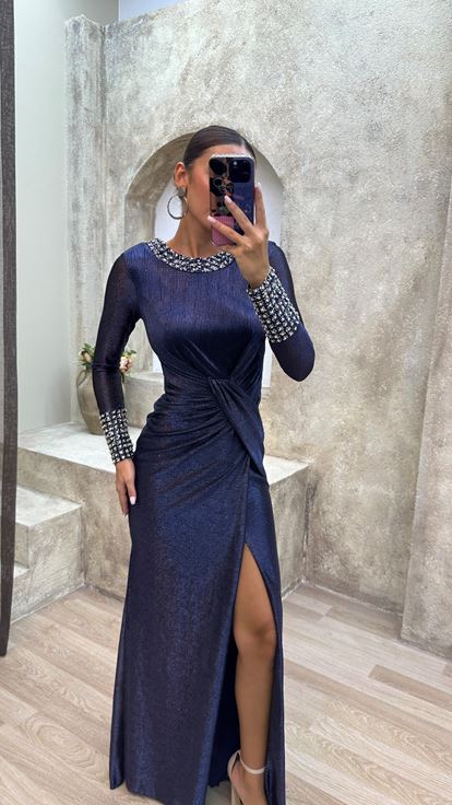 Lacivert Bel Detay Taş İşlemeli Büyük Beden Abiye Elbise