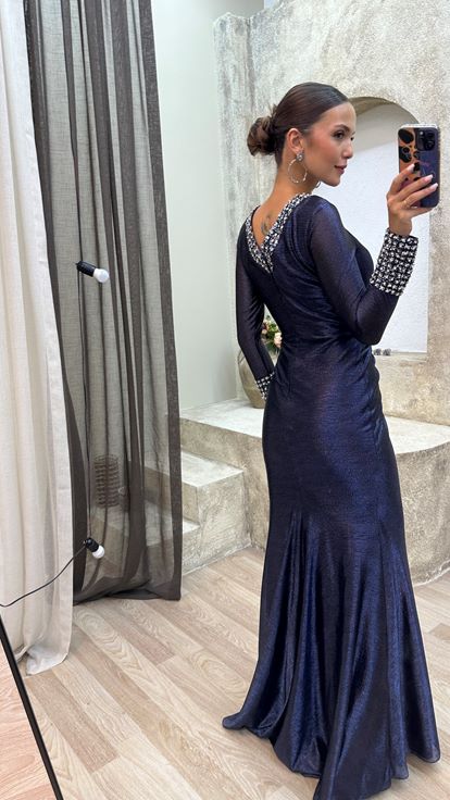 Lacivert Bel Detay Taş İşlemeli Büyük Beden Abiye Elbise