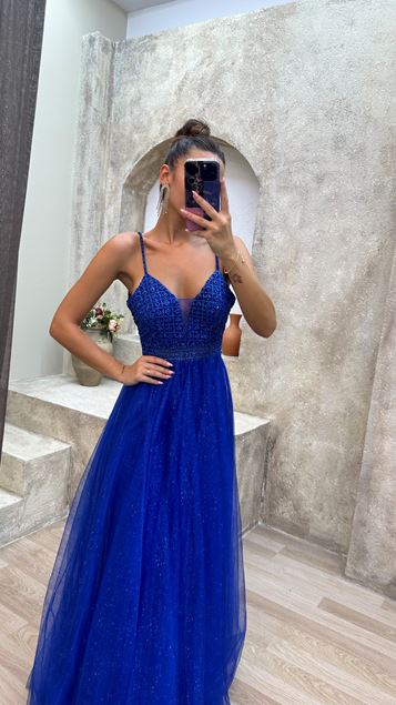 Saks Rope Strap Patteau Détail Tulle Brodé Robe de soirée