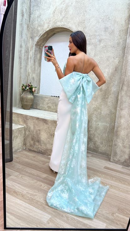 Mint Yeşili Straplez Sırtı Fiyonk Detay Abiye Elbise