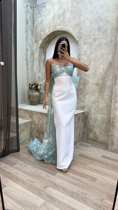 Mint Yeşili Straplez Sırtı Fiyonk Detay Abiye Elbise