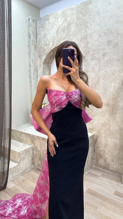 Fuşya Straplez Sırtı Fiyonk Detay Abiye Elbise