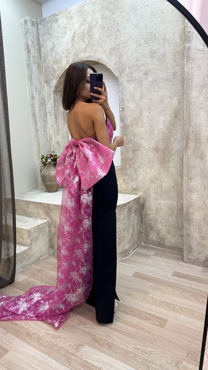 Fuşya Straplez Sırtı Fiyonk Detay Abiye Elbise