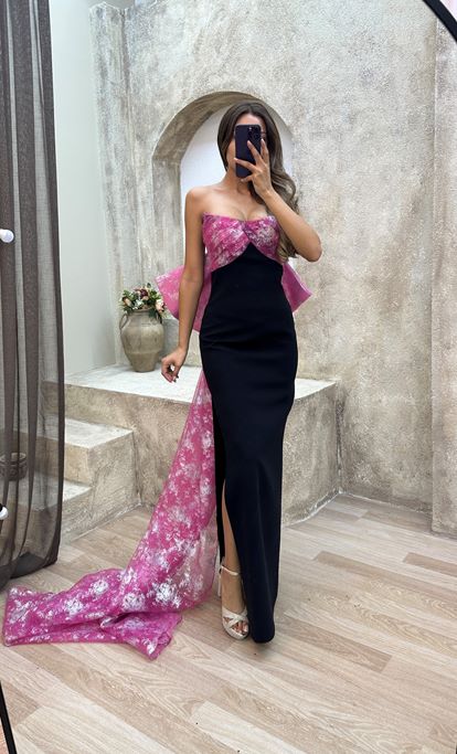 Fuşya Straplez Sırtı Fiyonk Detay Abiye Elbise