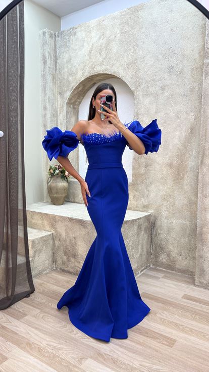 Sax Balloon Sleeve Bust Feather Detail Embroidered Design Evening Dress