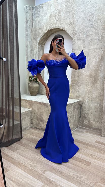 Sax Balloon Sleeve Bust Feather Detail Embroidered Design Evening Dress