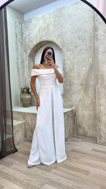 White One Shoulder Boat Neck Design Evening Dress