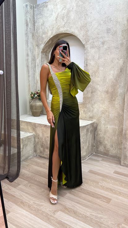 Sarı Tek Kol Beli Drapeli İşlemeli Abiye Elbise