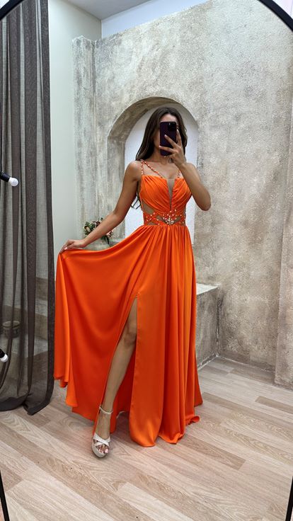 Arancione corda cinturino drappeggiato in vita dettaglio abito da sera