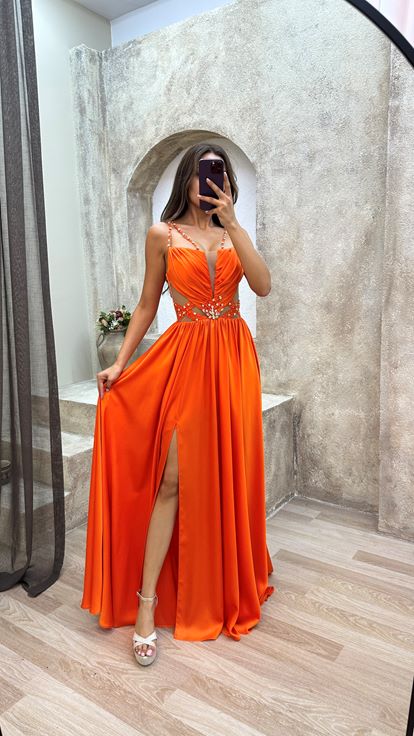 Arancione corda cinturino drappeggiato in vita dettaglio abito da sera