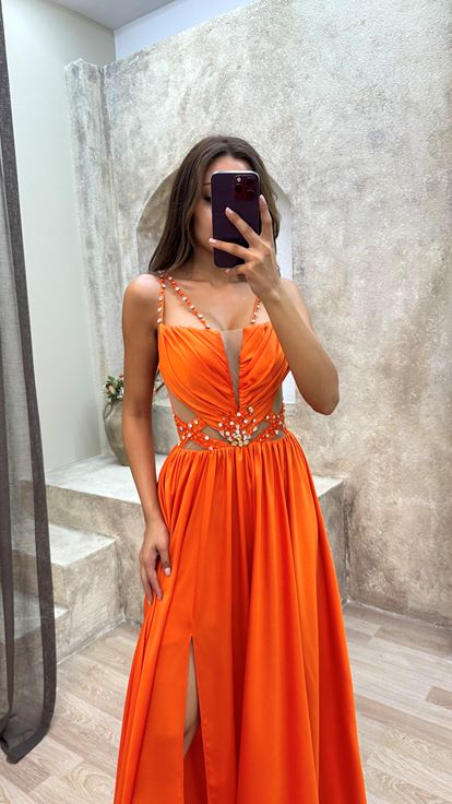 Arancione corda cinturino drappeggiato in vita dettaglio abito da sera