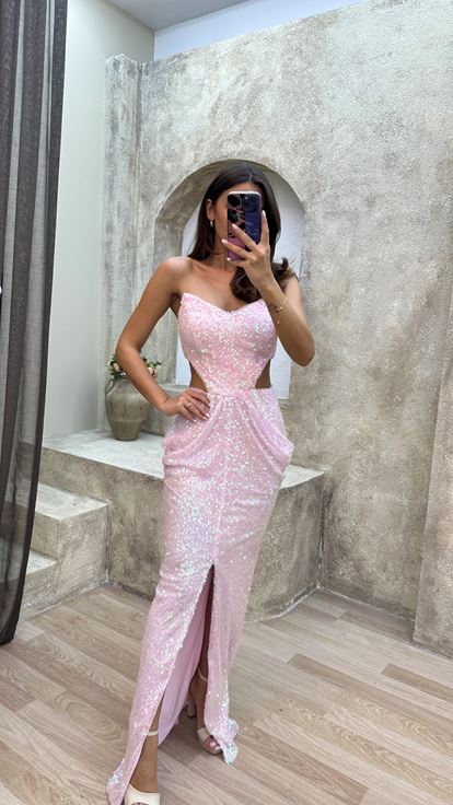 Pembe Straplez Bel Detay Drapeli Payet Elbise