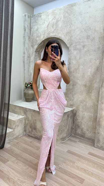 Pembe Straplez Bel Detay Drapeli Payet Elbise