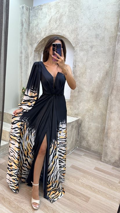Yellow One Shoulder Patterned Sleeve Detail Design Dress