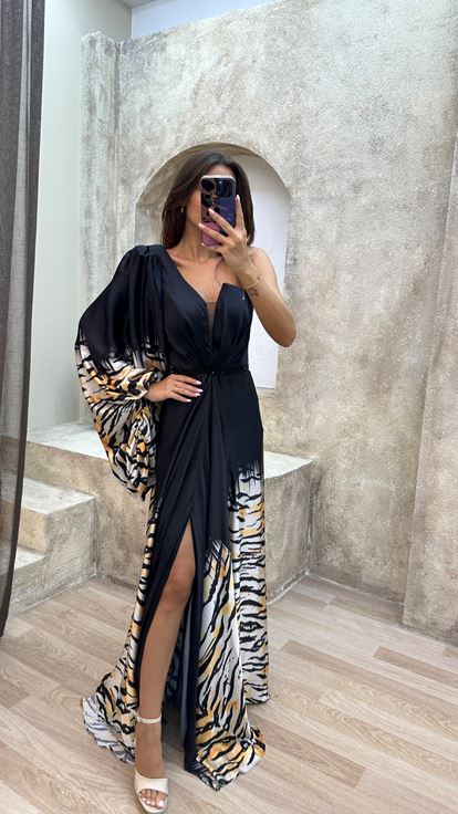 Yellow One Shoulder Patterned Sleeve Detail Design Dress