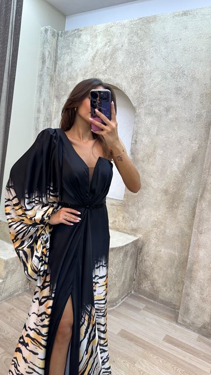 Yellow One Shoulder Patterned Sleeve Detail Design Dress