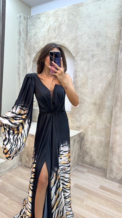 Yellow One Shoulder Patterned Sleeve Detail Design Dress