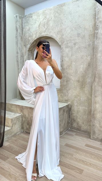 White One Shoulder Sleeve Detail Belted Design Evening Dress