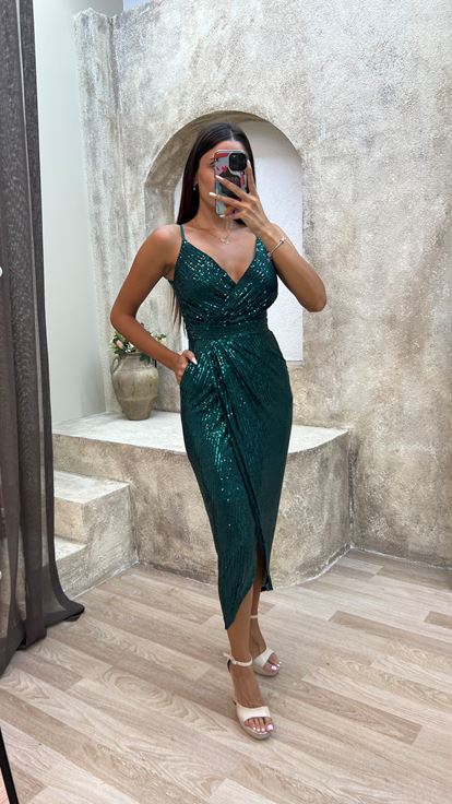 Emerald Green Rope Strap Back Detail Design Midi Sequin Evening Dress