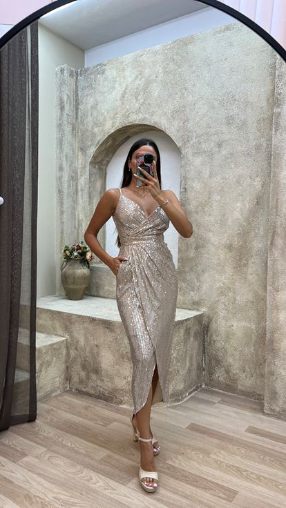 Beige Rope Strap Back Detail Design Midi Sequin Evening Dress