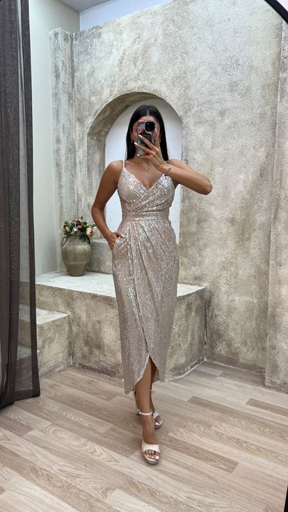 Beige Rope Strap Back Detail Design Midi Sequin Evening Dress