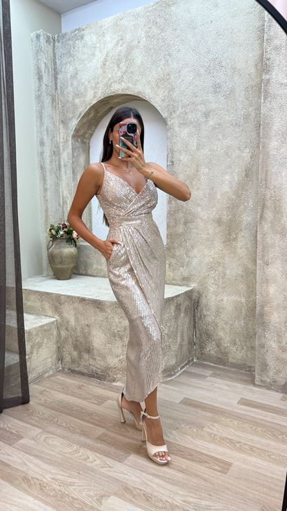 Beige Rope Strap Back Detail Design Midi Sequin Evening Dress