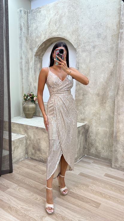 Beige Rope Strap Back Detail Design Midi Sequin Evening Dress