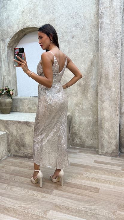 Beige Rope Strap Back Detail Design Midi Sequin Evening Dress