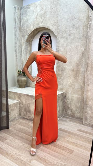 Orange Strapless Waist Embroidered Detail Design Evening Dress